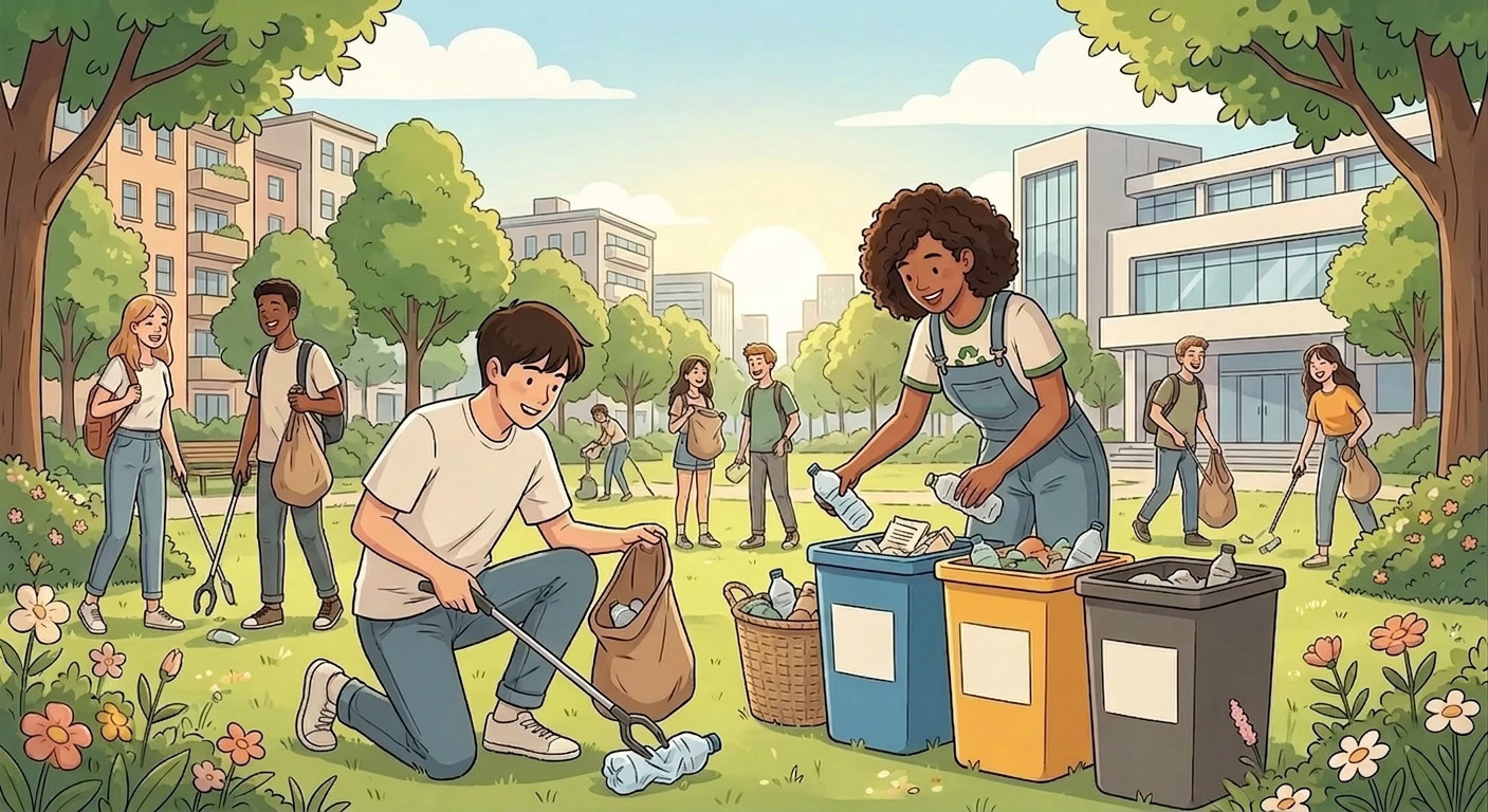Students cleaning up litter in a park and sorting waste into recycling bins as part of a World Environment Day activity.