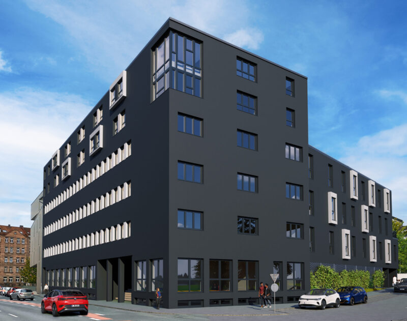 A rendering of the new building on the corner of a street.