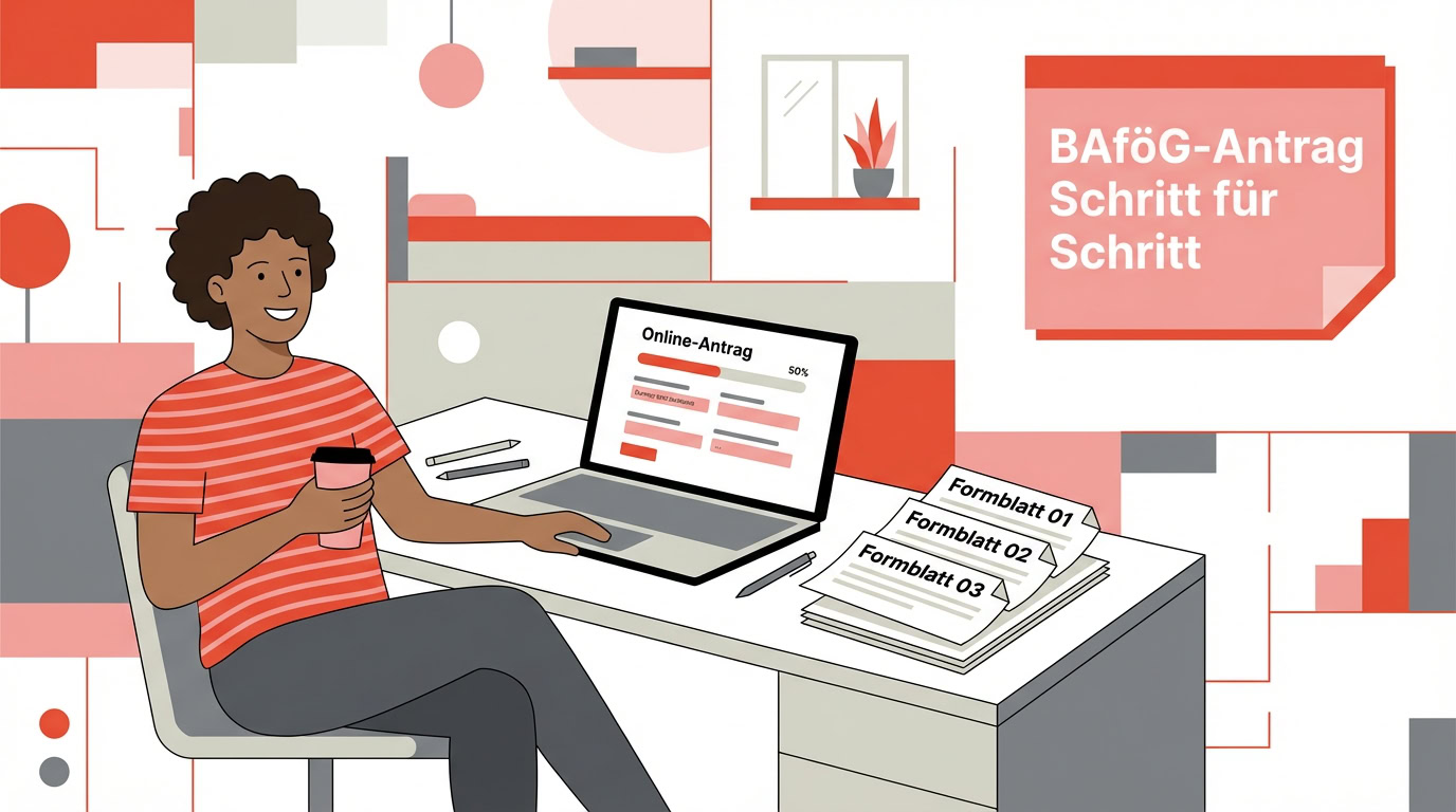 Illustration eines Studierenden, der am Laptop einen BAföG-Online-Antrag ausfüllt, neben ihm liegen die Formblätter 01, 02 und 03; daneben steht in einem Textfeld ‚BAföG-Antrag Schritt für Schritt‘.