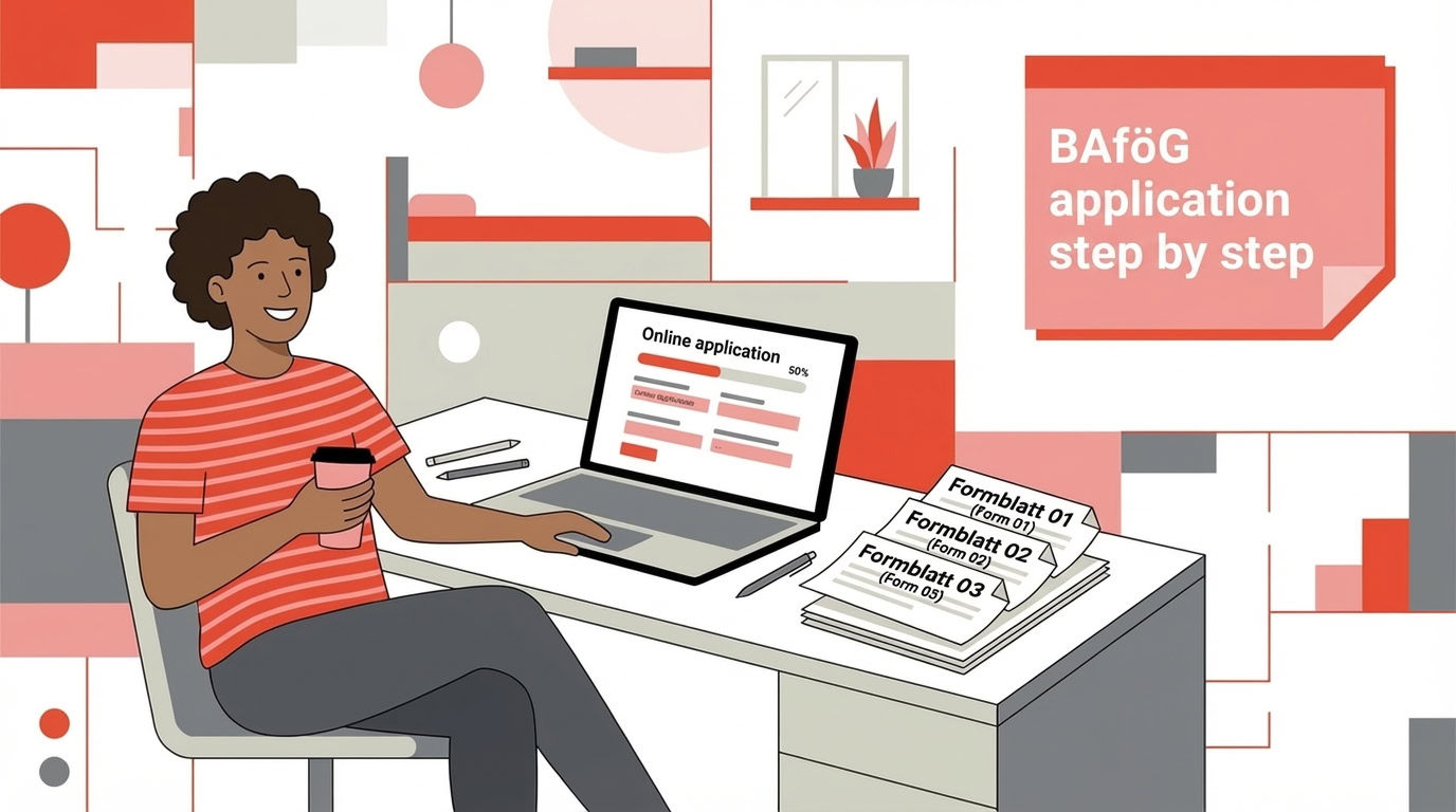 Student filling out an online BAföG application step by step with BAföG forms 01, 02 and 03 on the desk.