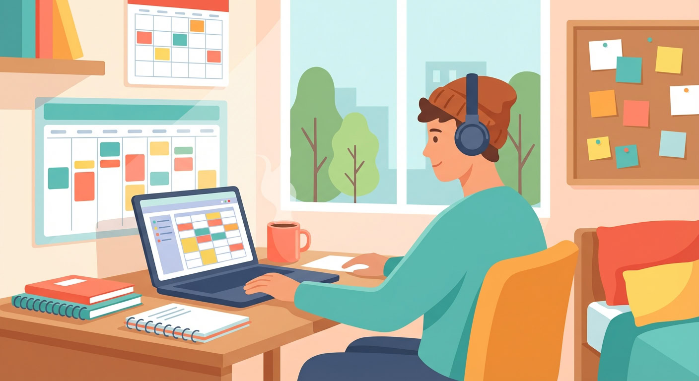 Student at a desk using a laptop with a colorful weekly schedule on the screen, surrounded by planners and calendars while organizing their semester.