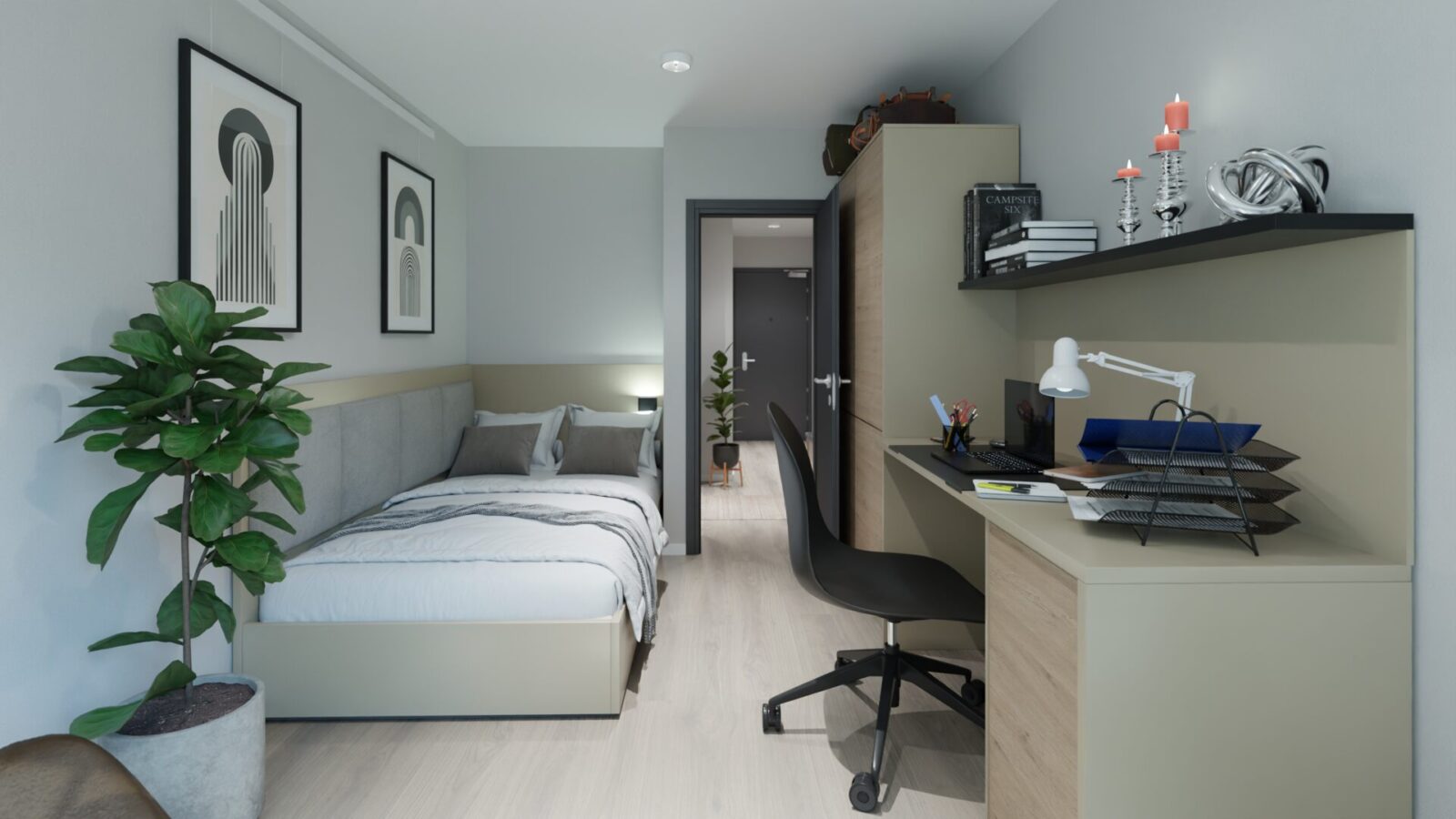 Voll möbliertes Studentenapartment im Staytoo München mit Bett, Schreibtisch und Kleiderschrank