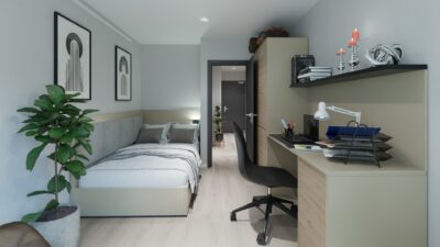 Fully furnished student apartment at Staytoo Munich with bed, desk and wardrobe