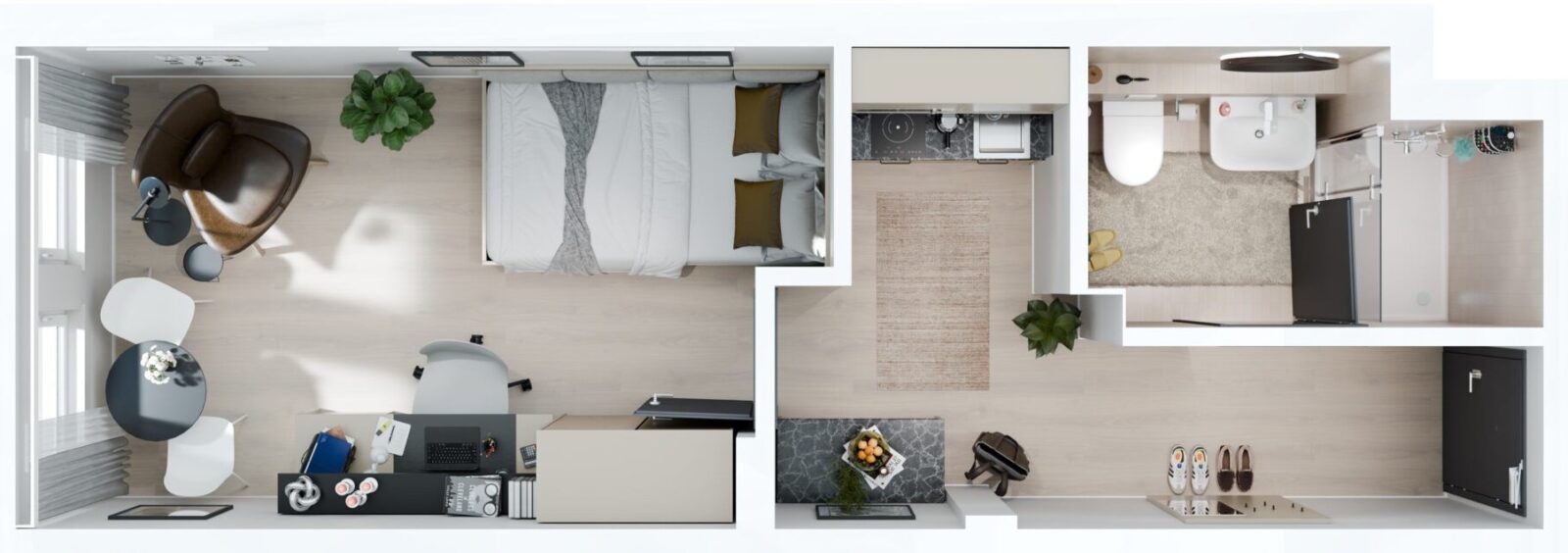 3D-Grundriss eines vollmöblierten Staytoo Studentenapartments München.