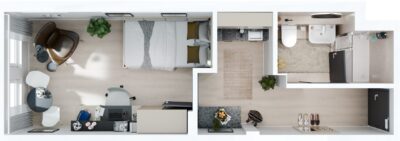 3D floor plan of a fully furnished studio in the munich student apartments at Staytoo Munich South