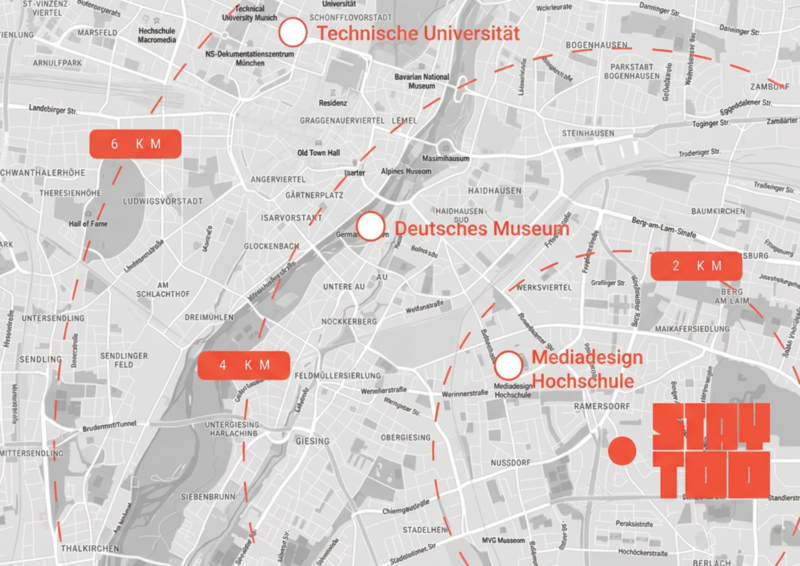Lagekarte des Staytoo München mit Entfernungen zur Technischen Universität, zum Deutschen Museum und zur Mediadesign Hochschule
