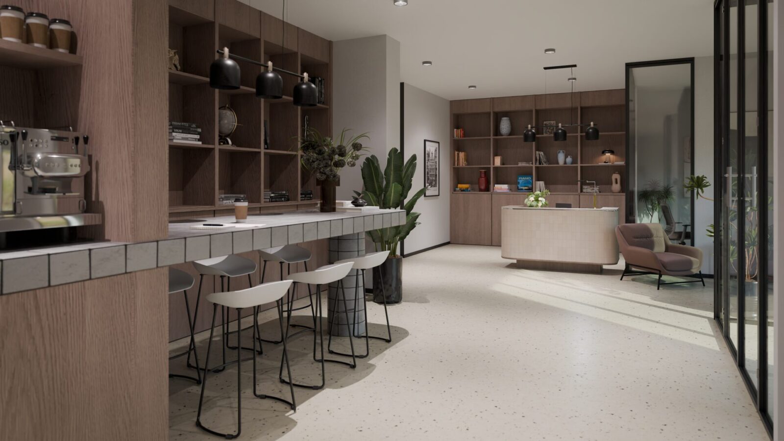 Modern lobby area at the munich student apartments Staytoo Munich South with seating and counter