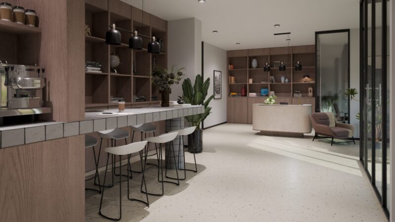 Modern lobby area at the munich student apartments Staytoo Munich South with seating and counter