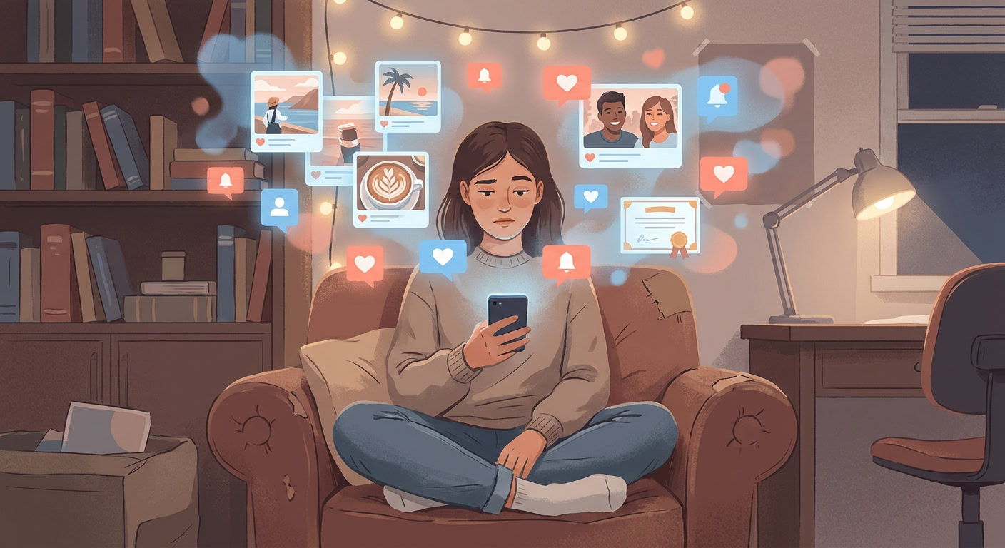 Junge Person sitzt nachdenklich mit Smartphone in einem gemütlichen Zimmer, umgeben von idealisierten Social Media Bildern und Benachrichtigungen.