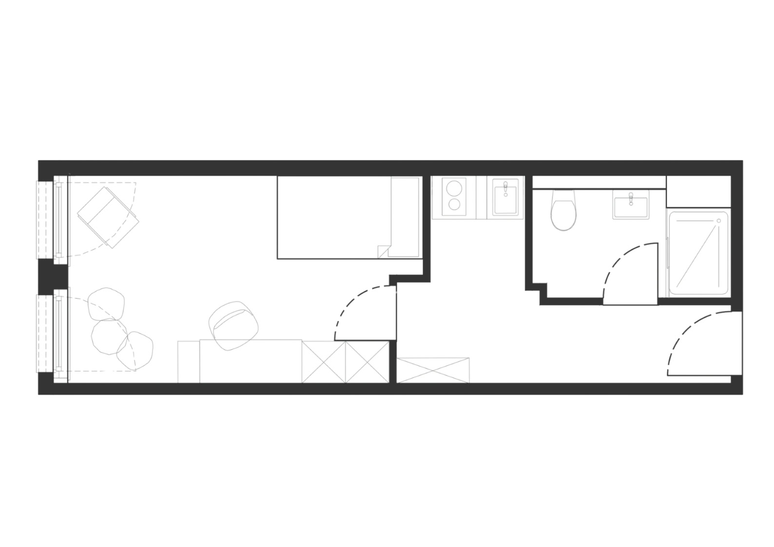 Floor plan of a furnished studio apartment with a spacious living and dining area, separate kitchen, bathroom, and entrance area.