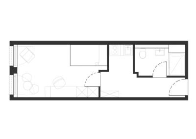 Grundriss eines möblierten Ein-Zimmer-Apartments mit Wohnbereich, separatem Schlafbereich, Küche, Badezimmer und Eingangsbereich.
