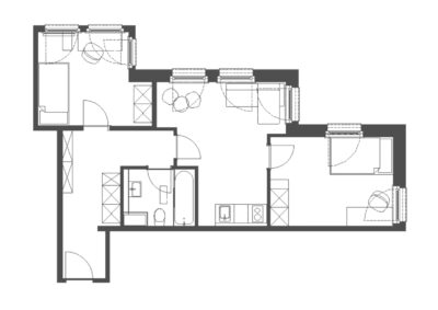 Grundriss einer WG-Wohnung mit zwei einzelnen Schlafzimmern, gemeinsamer Küche, Bad und Flurbereich.