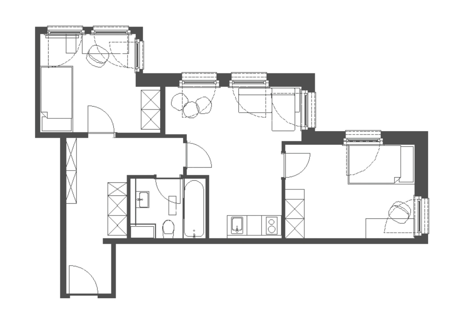 Grundriss einer WG-Wohnung mit zwei einzelnen Schlafzimmern, gemeinsamer Küche, Bad und Flurbereich.